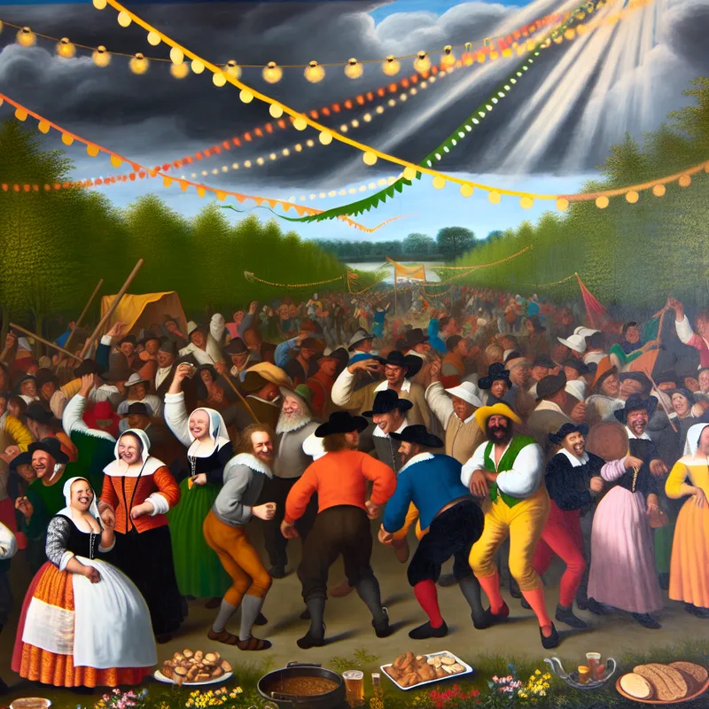 Een levendig festival met diverse mensen die dansen en genieten van de feestelijke sfeer tussen kleurrijke banners en traditionele gerechten.