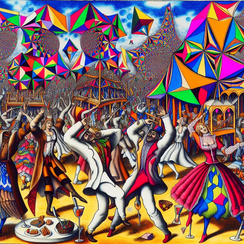 Een vrolijk festival vol lachende mensen die dansen en spelletjes spelen, met een surrealistische achtergrond in de stijl van M.C. Escher.