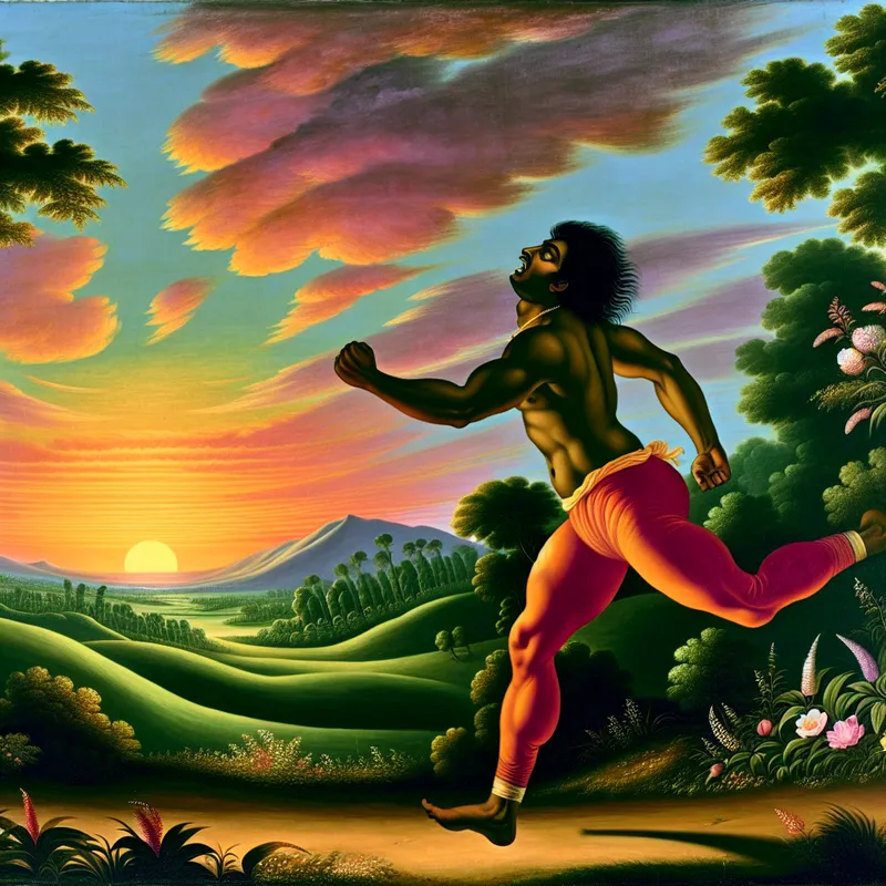 Een vrolijke persoon die in de ochtend buiten aan het joggen is, omringd door een kleurrijke natuurlijke omgeving.