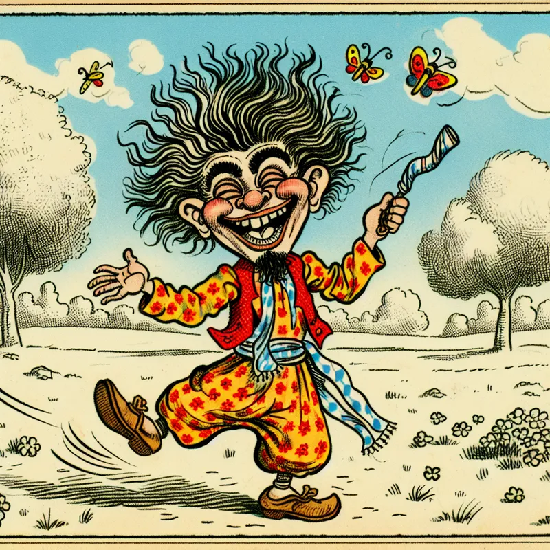 Een vrolijk cartoonbeeld van een kind dat buiten speelt, omringd door vlinders en bloemen.