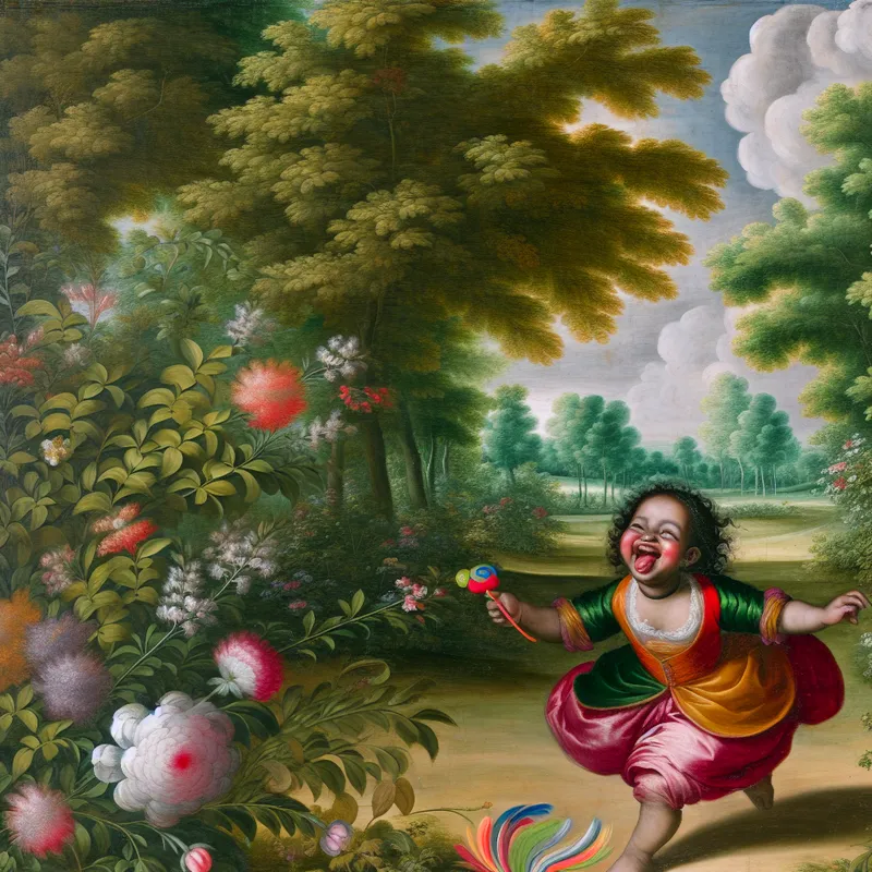 Een klein kind dat vrolijk door een zonovergoten tuin loopt, omringd door bloeiende bloemen en groen.