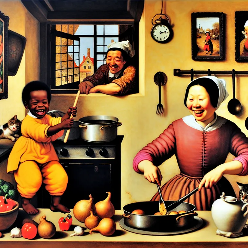 Een vrolijk kind dat een eenvoudig recept volgt in een levendige keuken, met kleurrijke ingrediënten om hen heen.