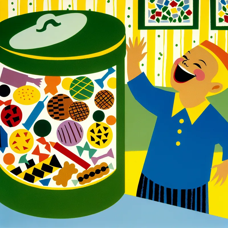 Een vrolijk kind dat enthousiast in een grote koekjestrommel reikt, omringd door kleurrijke lekkernijen.