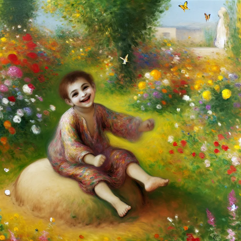 Een jonge glimlachende kind zit op een kleine, ronde heuvel in een kleurrijke tuin vol bloemen en vlinders.