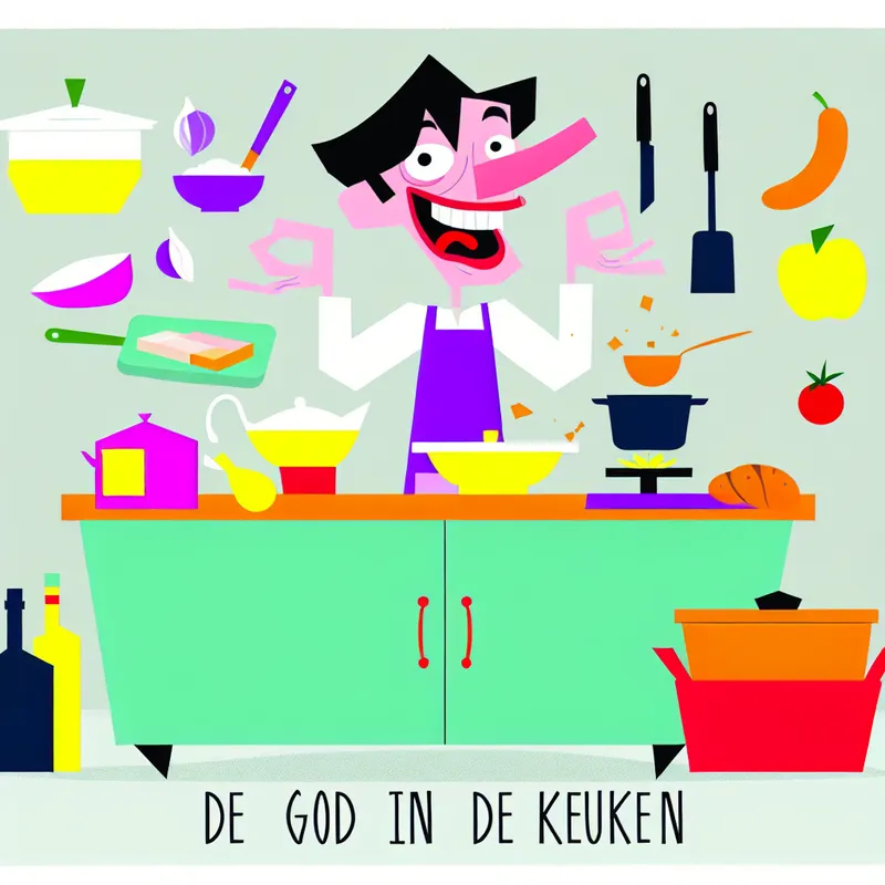 Illustratie van een jonge man die vrolijk kookt aan een kleurrijke keukentafel, met eenvoudige kookgereedschappen en ingrediënten, in de stijl van Dick Bruna.
