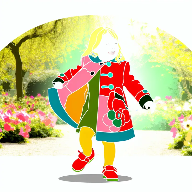 Een vrolijk meisje draait rond in een zonnig park, gekleed in een kleurrijk jasje en speelse jurk.