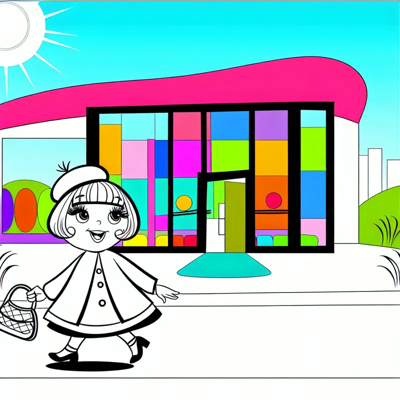 Illustratie van een vrolijk meisje dat voorbij een kleurrijke winkel loopt, met een vriendelijkheid en nieuwsgierigheid in haar blik.