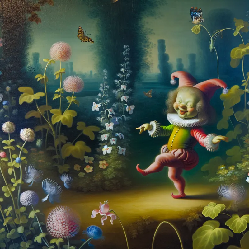 Een klein, schattig narretje danst vrolijk tussen bloemen en vlinders in een serene tuin.