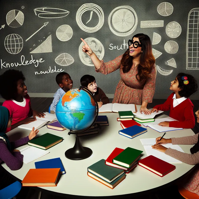 Een levendige klas met een enthousiaste leraar die lesgeeft aan diverse kinderen aan een ronde tafel, omringd door kleurrijke boeken en leermiddelen.