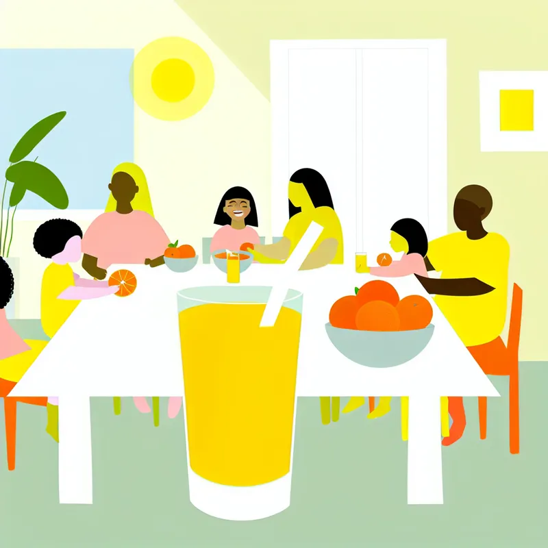 Een minimalistisch tafereel van een ontbijt met sinaasappelsap op een vrolijke tafel, omringd door een lachende familie.