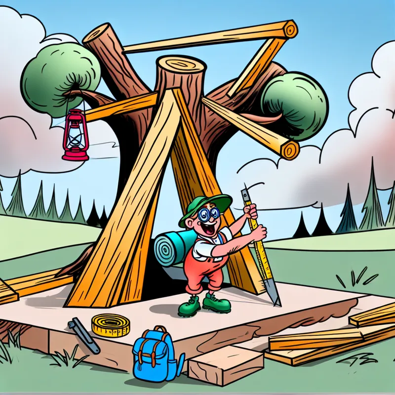 Een vrolijk personage bouwt een tent met behulp van een grote boom in een cartoonachtige kampeeromgeving.