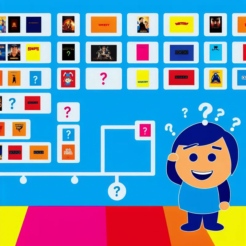 Een vrolijk personage dat in verwarring probeert te kiezen uit kleurrijke filmicoontjes.