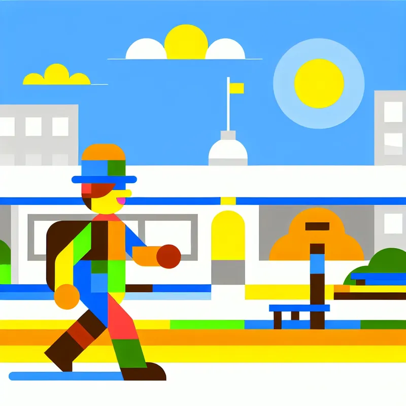 Een vrolijk personage wandelt snel door een kleurrijke stadsstraat richting een treinstation