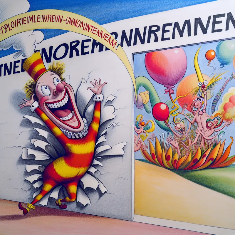 Een vrolijk personage breekt door een grote, cartoonachtige muur met het woord 'normen', omgeven door een levendig landschap met ballonnen en vreemde planten.