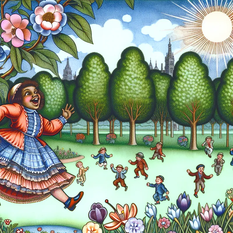 Kinderen spelen blij in een park, met één kind dat huppelt en het woord 'huppeldepup' roept