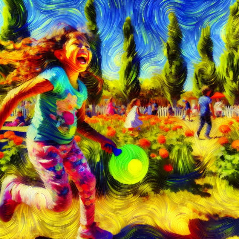 Een jong kind dat vrolijk speelt in een zonovergoten park, omringd door bloeiende bloemen en andere spelende kinderen.