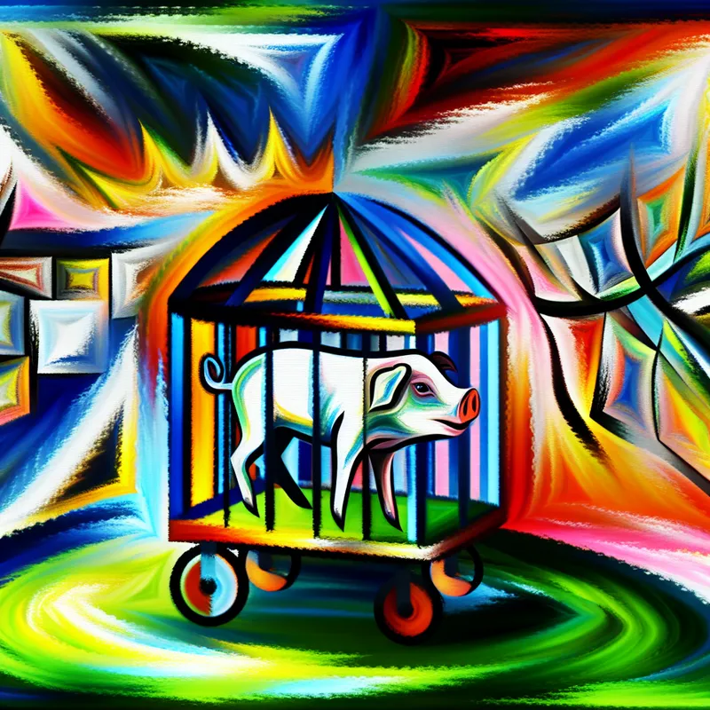 Abstracte interpretatie van een architectonisch gedeelte met een vrolijke, tevreden varken in een kleurrijke kooi.