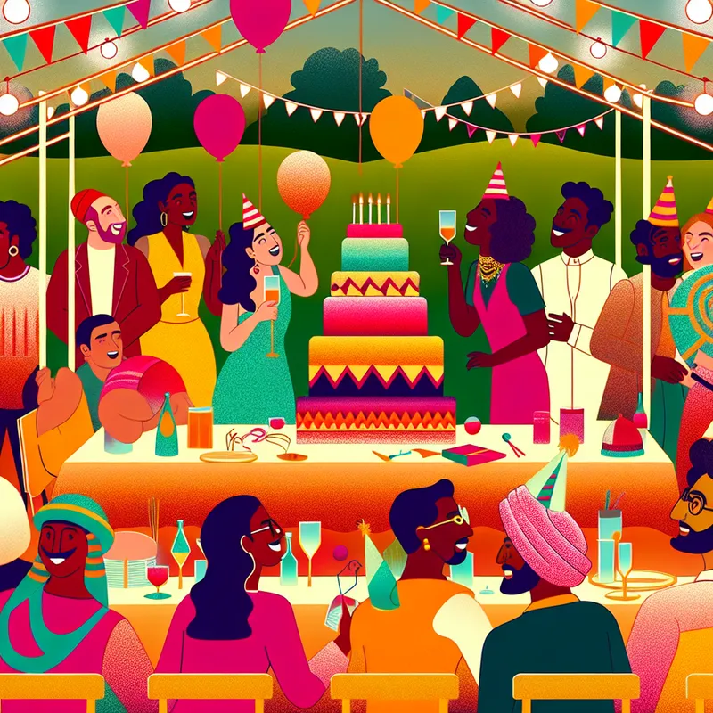 Vrolijk verjaardagsfeest met vrienden rondom een versierde tafel, gevuld met ballonnen en een grote feesttaart.