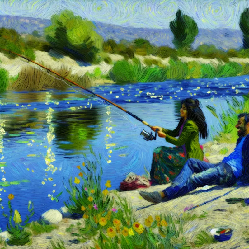 Twee vrienden die vrolijk vissen aan de oever van een serene rivier omringd door groene natuur