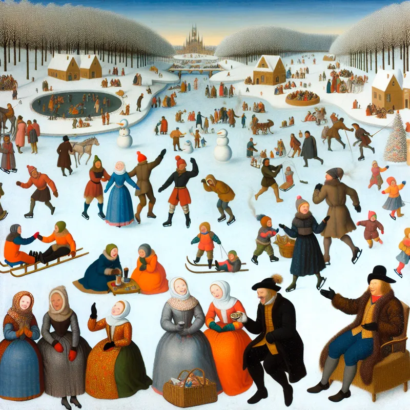 Een winterlandschap vol mensen die vrolijk schaatsen, sneeuwpoppen maken en warme dranken rond een kampvuur genieten.