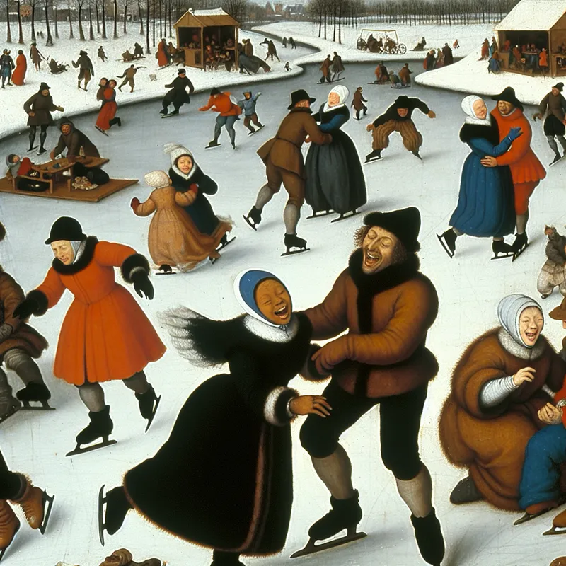 Groep mensen vrolijk schaatsend op een bevroren kanaal in een levendig winterlandschap