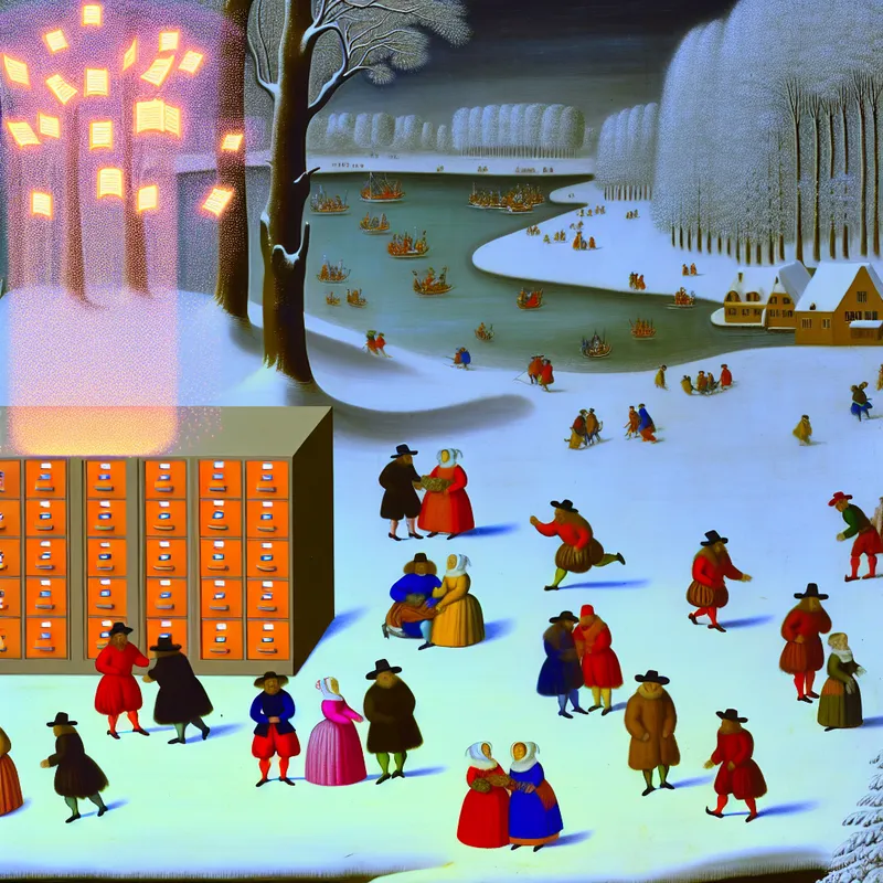 Levendig winterlandschap met kleine figuren die over digitale archieven discussiëren bij een grote digitale filing cabinet.