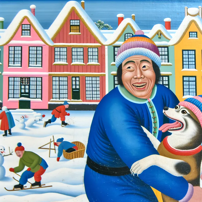 Een persoon speelt met een hond in de sneeuw in een winterlandschap