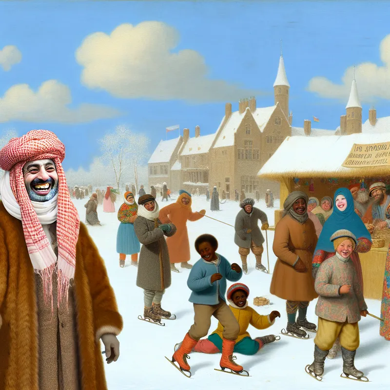 Een man met een grote lach in een winterlandschap met mensen die buitenactiviteiten in de sneeuw uitvoeren.