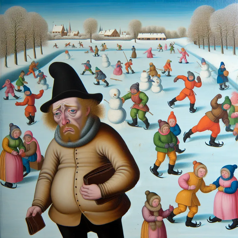 Vrolijk winterlandschap met mensen die schaatsen en sneeuwpoppen maken, terwijl één persoon met een bezorgde uitdrukking en een lege portemonnee staat.