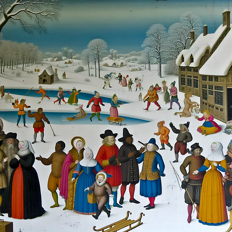 Winterlandschap met vrolijke mensen voor een huis in een sneeuwachtig dorp, geïnspireerd door Hendrick Avercamp
