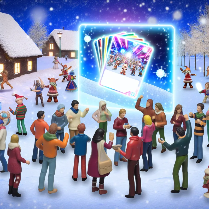 Winterlandschap met vrienden die een grote, gloeiende virtuele CARD gebruiken om een speciale geheime level in een videogame te ontgrendelen.