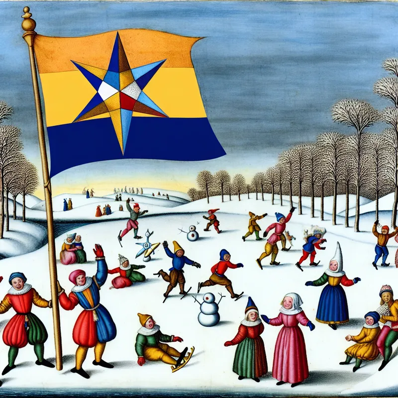 Vrolijk winterlandschap met een vlag met een zeshoekige ster, mensen in kleurrijke winterkleding die schaatsen en sneeuwpoppen bouwen.