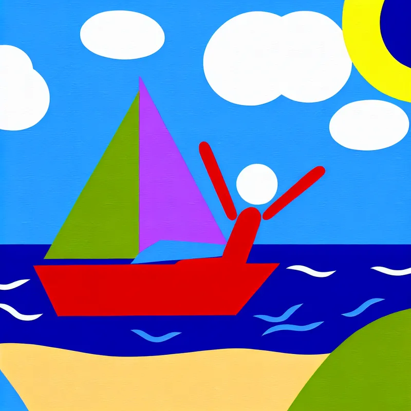 Een kleurrijke minimalistische illustratie van een persoon die vrolijk zeilt op een kleine zeilboot op een zonnige zomerdag, met een helderblauwe lucht en een paar pluizige witte wolken.
