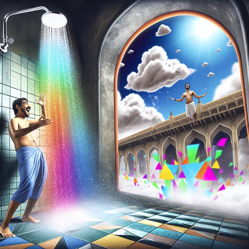 Een persoon die vrolijk zingt onder de douche met sprankelende waterdruppels en een surrealistisch landschap op de achtergrond.