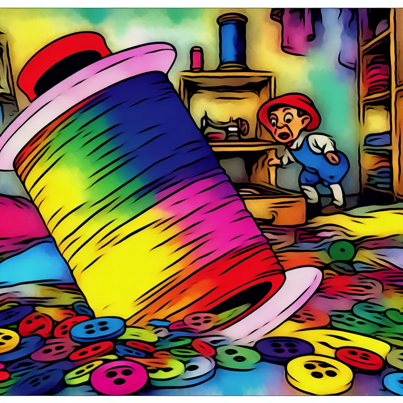 Een vrolijk personage dat zoekt naar een kleurig spoeltje met naaigaren in een speelse naaiomgeving.