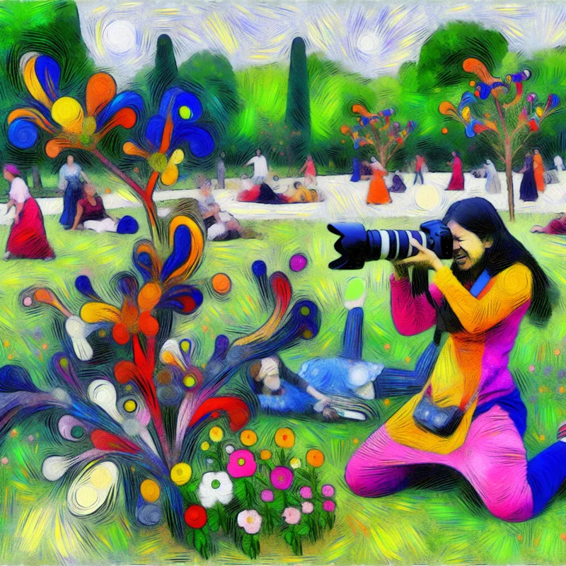 Amateurfotograaf die in een park foto's maakt van kleurrijke bloemen en bomen