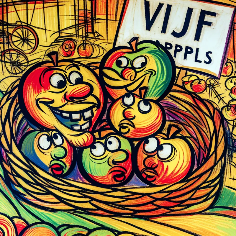 Een vrolijke cartoonafbeelding van een grote vriendelijke appel met een lachend gezicht, omringd door vier kleinere appels in een charmante mand, met de nadruk op het getal vijf.