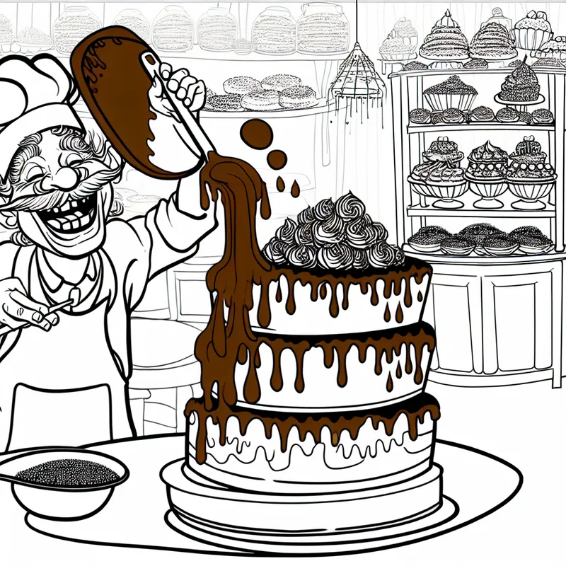 Een vrolijke bakker in een kleurrijke bakkerij versiert een grote taart met chocoladeglazuur.