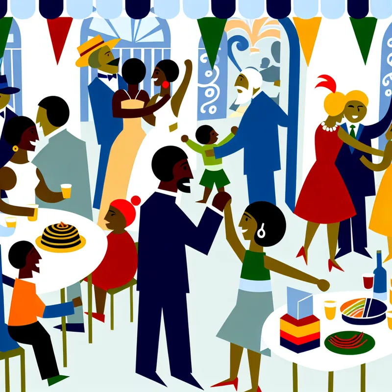 Minimale illustratie van een vrolijke bijeenkomst met diverse groepen mensen die samenkomen in een buitenomgeving, versierd met kleurrijke decoraties en banners voor een lancering.