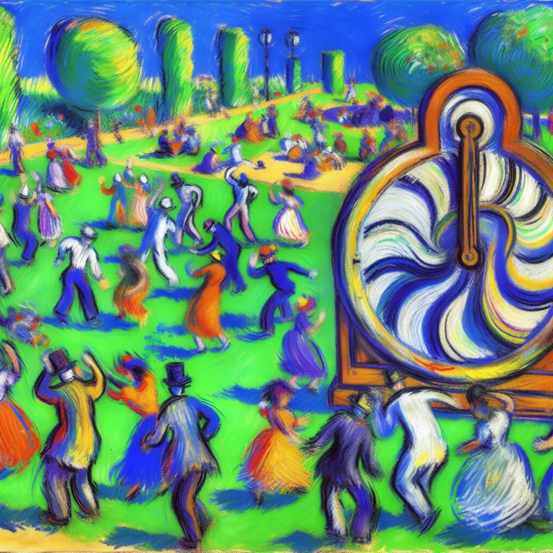 Een levendige bijeenkomst in een zonnig park met lachende mensen en een snel draaiende klok op de achtergrond.