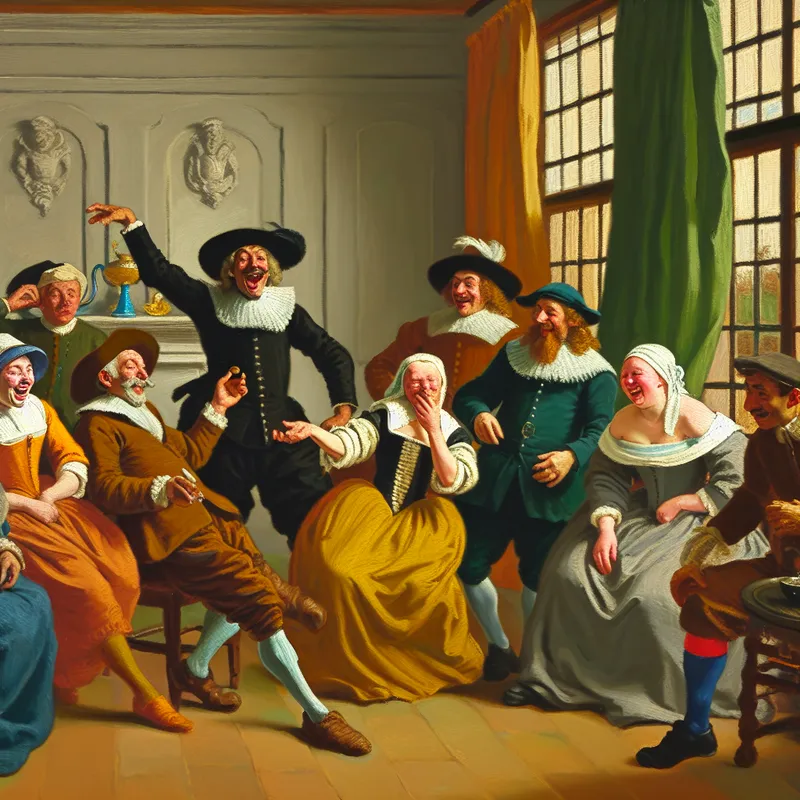 Een levendige binnenhuis scène met mensen die vrolijk met elkaar converseren en lachen, geïnspireerd door Frans Hals.