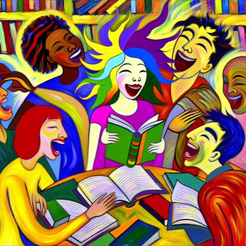 Een levendig en abstract beeld van diverse individuen die enthousiast samenkomen in een boekenclub, met een vrouw met kleurrijk haar die een boek vasthoudt.