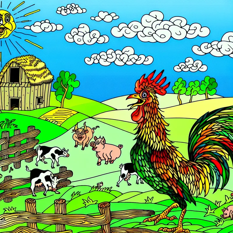 Vrolijke boerderijscène met een trotse haan op een hek en andere dieren zoals koeien en varkens.