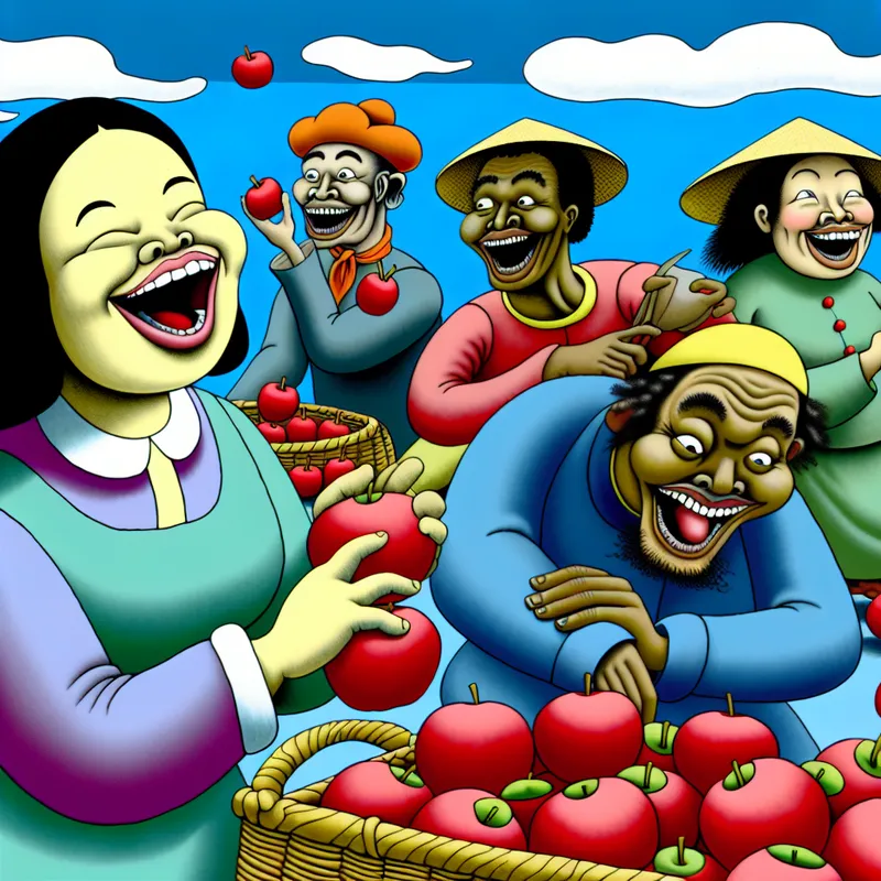 Een vrolijke cartoonweergave van boeren die enthousiast fruit oogsten in een kleurrijk veld.