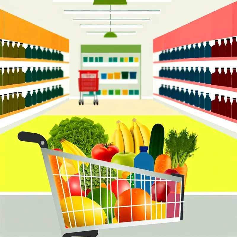 Vrolijke illustratie van een kleurrijke boodschappenwagentje vol met groenten, fruit en verpakte producten in een winkelgang.