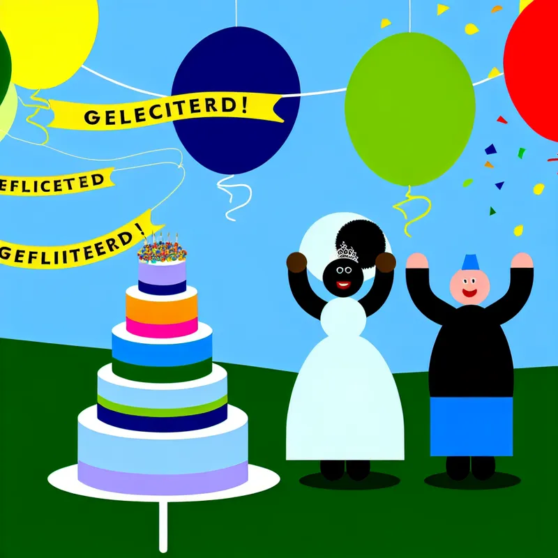 Een vrolijk huwelijksscene met een kleurrijke taart en blije cartoonfiguren in trouwkleding.