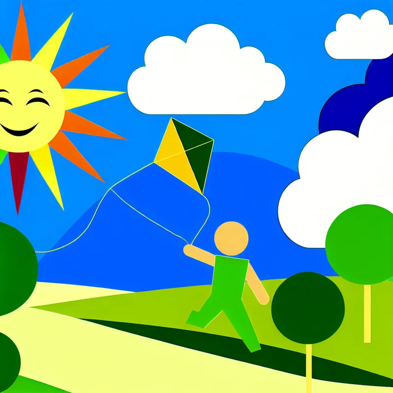 Een vrolijke scène met een kind dat een kleurrijke vlieger laat vliegen onder een zonnige lucht met een glimlachende zon.