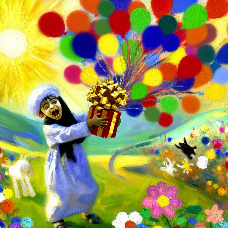 Een kind met een blije uitdrukking houdt een prachtig ingepakt cadeau vast omringd door kleurrijke ballonnen in een zonnig landschap met bloemen en speelse dieren.