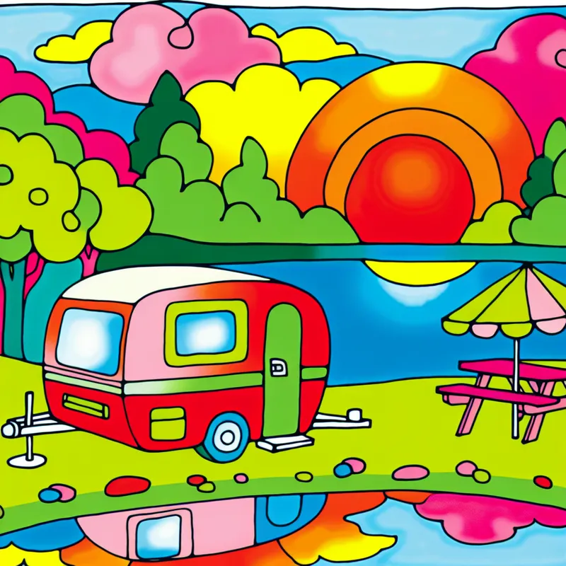 Kleurijke camper geparkeerd bij een kalme meer met een zonnige lucht, in de stijl van Dick Bruna