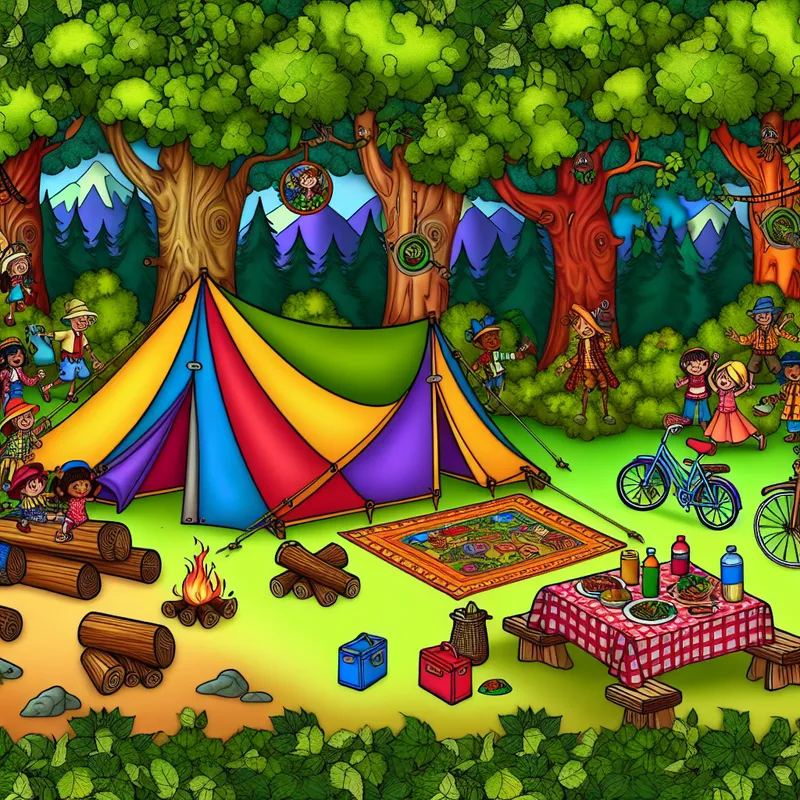 Een speelse, cartoonachtige illustratie van een camping met een kleurrijke tent, campinguitrusting en vrolijke karakters die buitenactiviteiten genieten.
